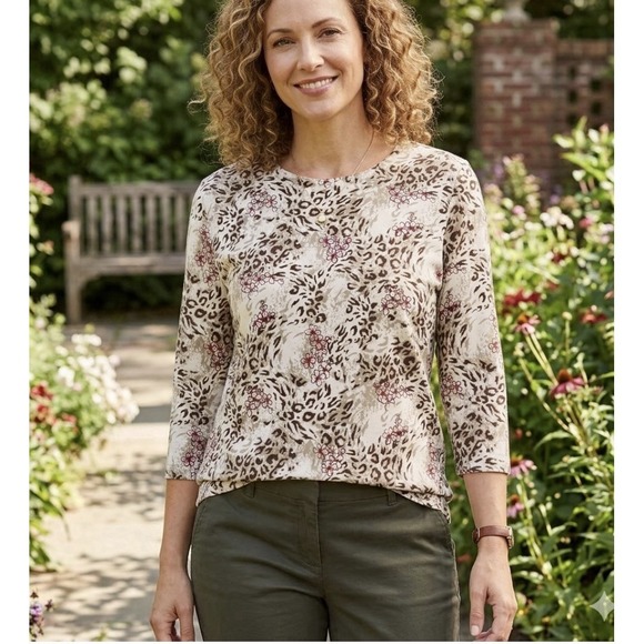Kim Rogers Tops - Kim Rogers Leopard Animal Print Floral Top Beige Brown 3/4 Sleeve Tee Size L